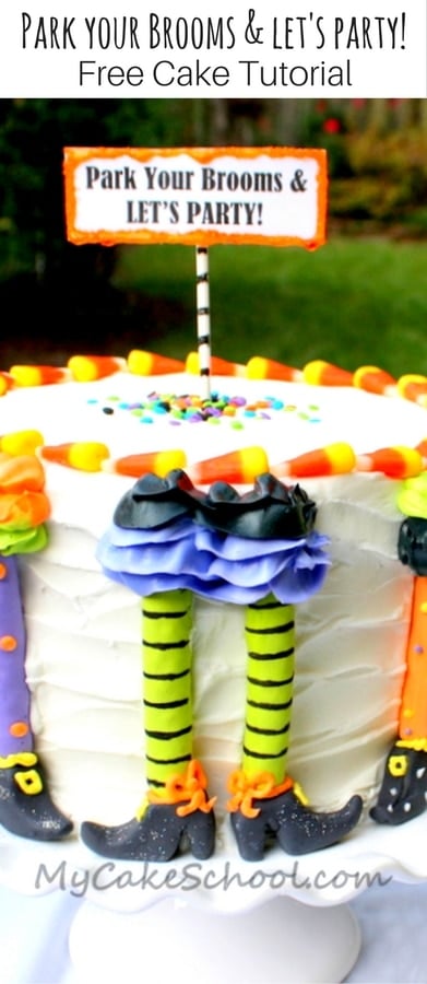 Free Halloween Party Cake Tutorial by MyCakeSchool.com! Park Your Brooms and Let's Party!