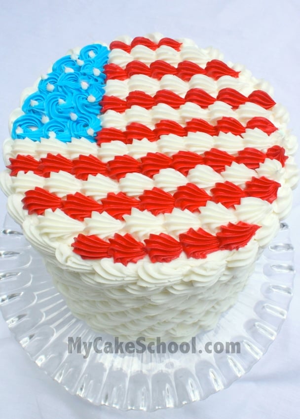 July Fourth Cake with Buttercream Flag on top, piped with buttercream shells.