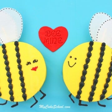 So much cuteness! These adorable Bee Mine cakes and cupcakes are perfect for Valentine's Day! Free tutorial by MyCakeSchool.com!
