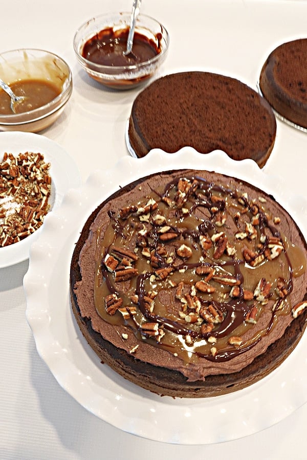 Chocolate Turtle Cake Recipe- This layer cake is so decadent!