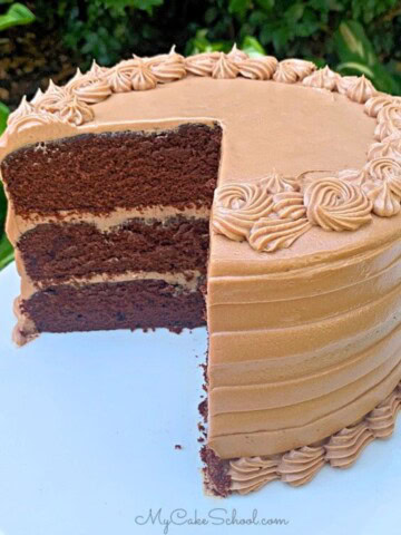 Dark chocolate cake, sliced, on a cake pedstal.