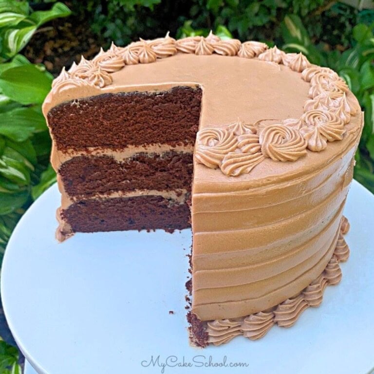 Dark chocolate cake, sliced, on a cake pedstal.