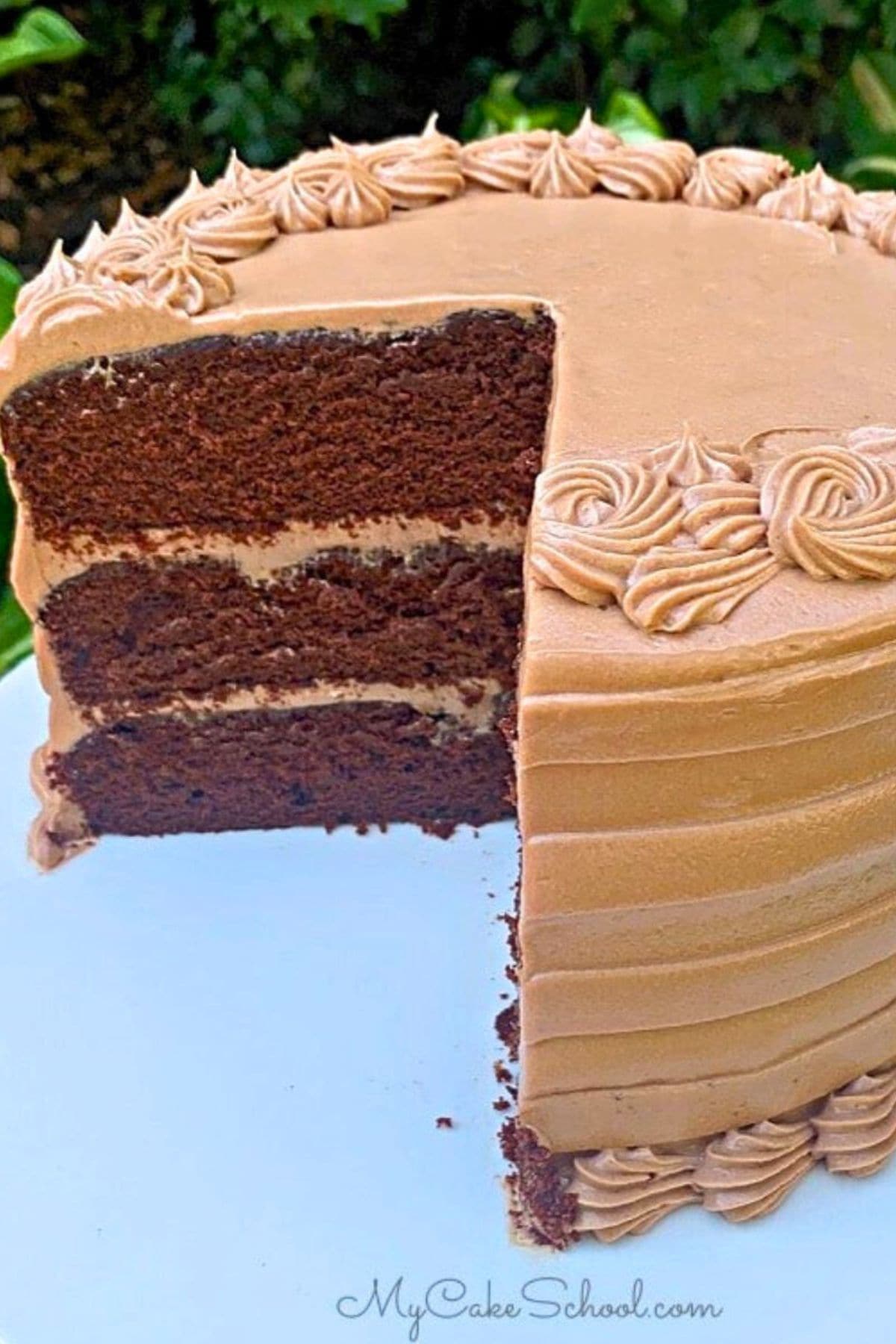 Dark chocolate cake, sliced, on a cake pedestal.