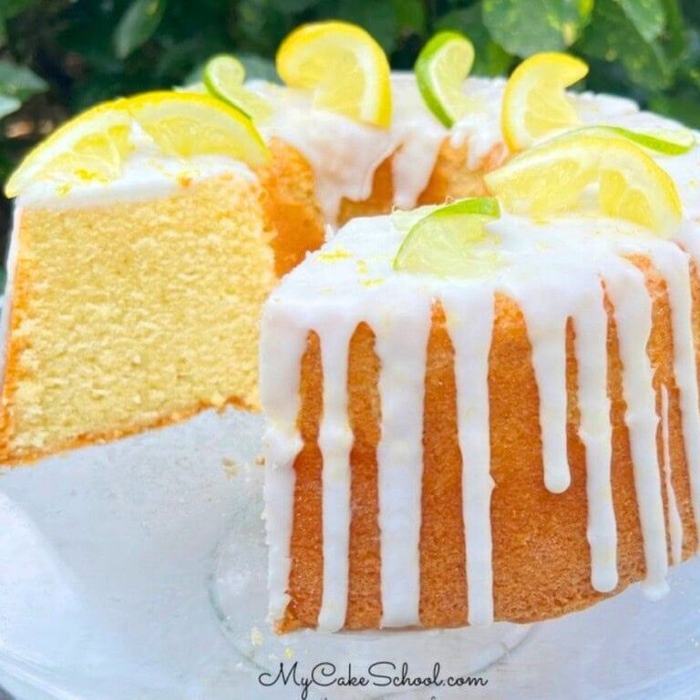 7Up Pound Cake, sliced, on a pedestal.