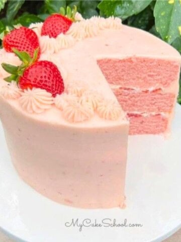 Homemade Strawberry Cake, sliced on a cake pedestal.