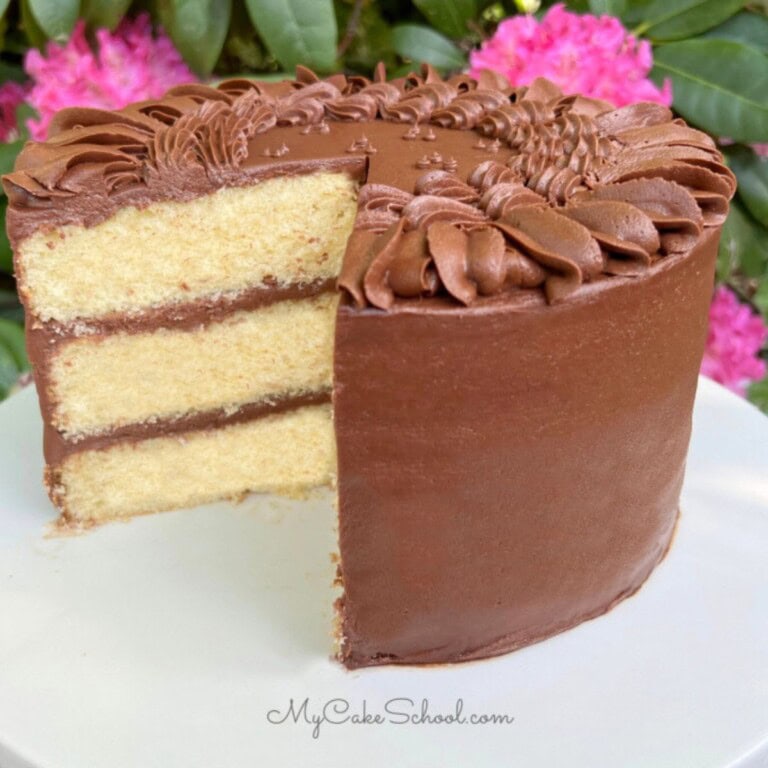 Yellow Birthday Cake frosted with Chocolate Frosting, on a pedestal.