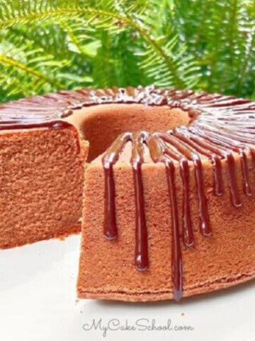 Chocolate Whipping Cream Pound Cake on a cake platter.