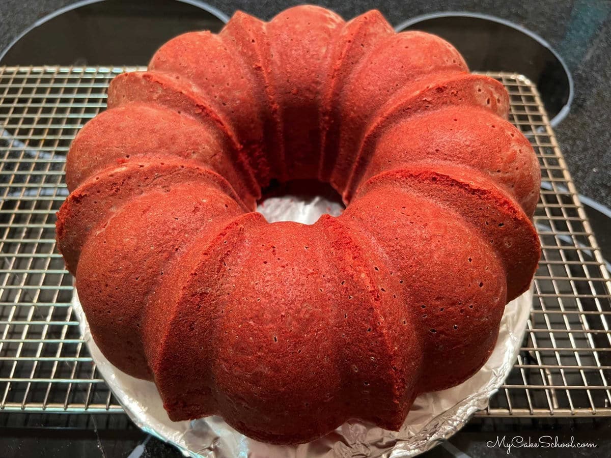 Red Velvet Pound Cake, cooling on wire rack.