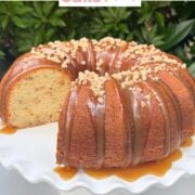 Toffee Pecan Bundt Cake on white pedestal