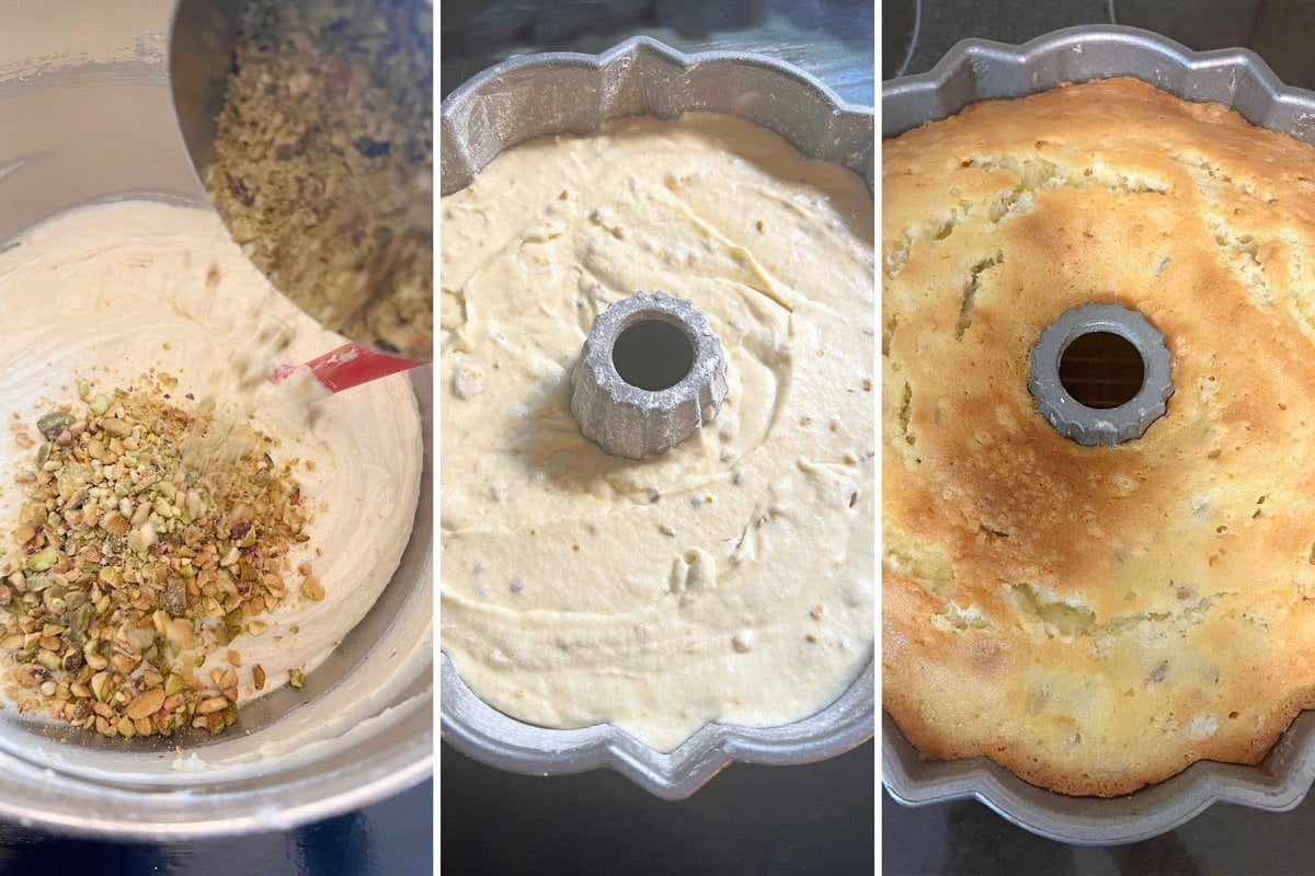 Pistachio Pound Cake Batter in pan and after baking.