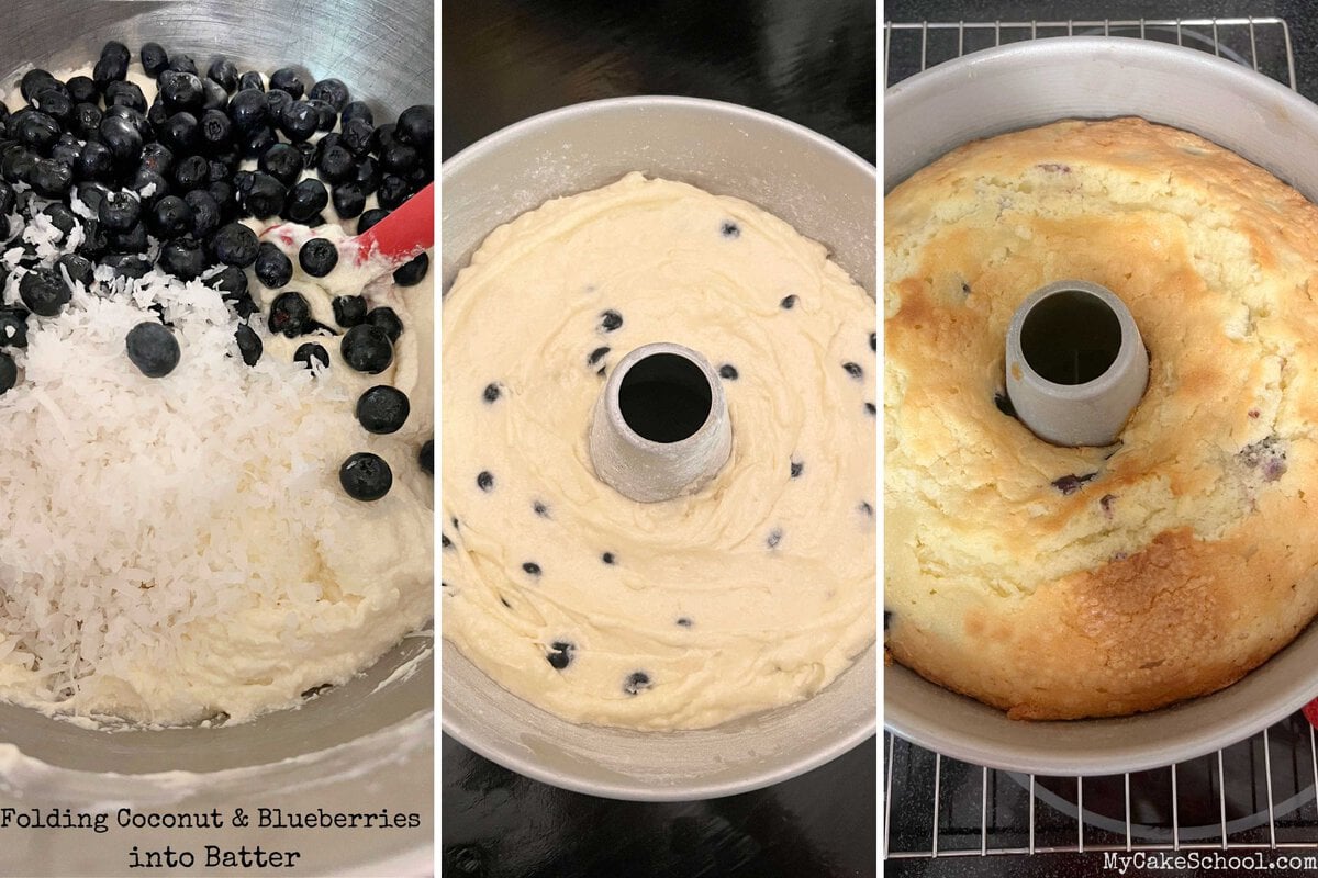 Photos of Blueberry Coconut Cake Batter in pan and after baking.