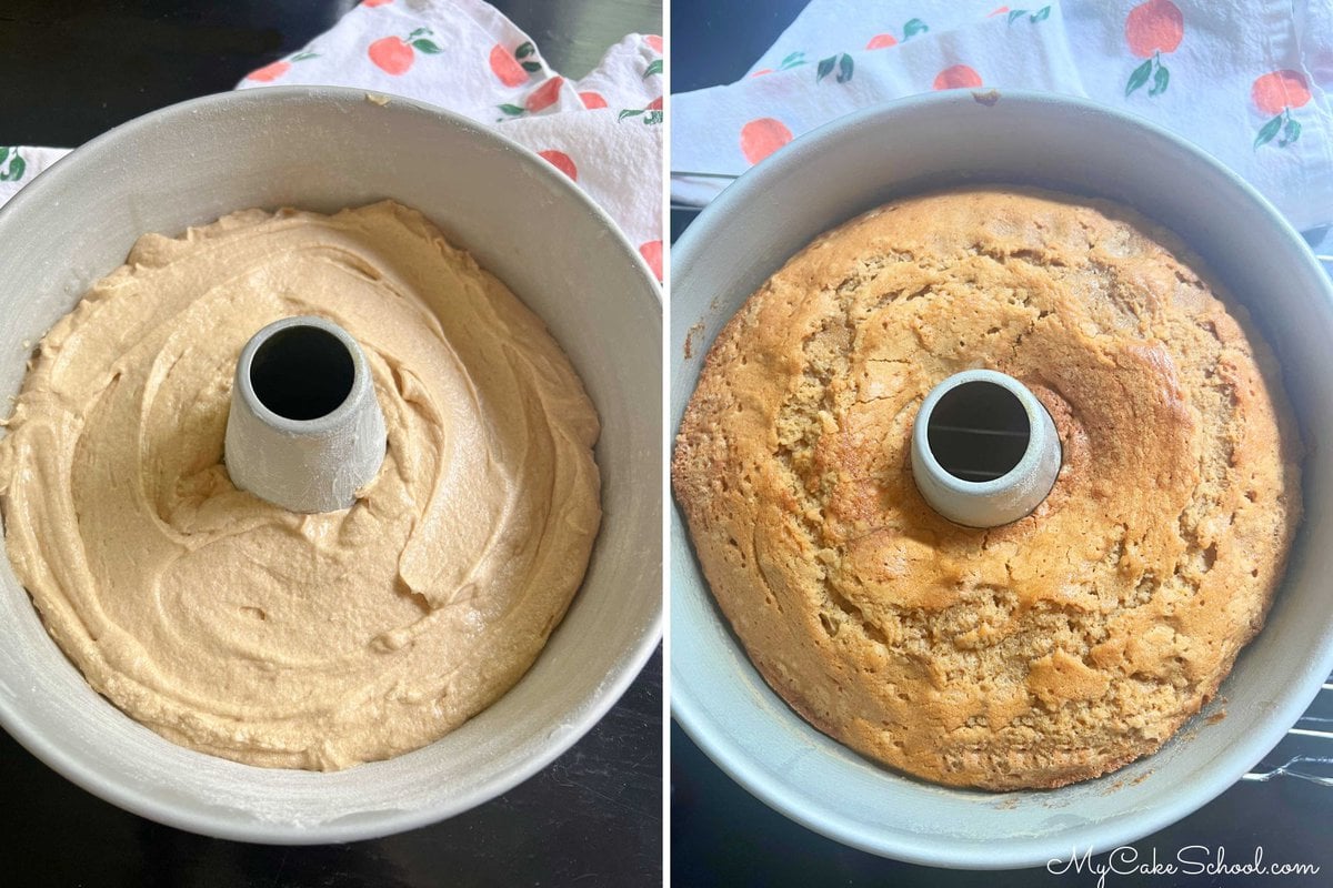 Caramel Espresso Pound Cake photo grid of before baking and after.