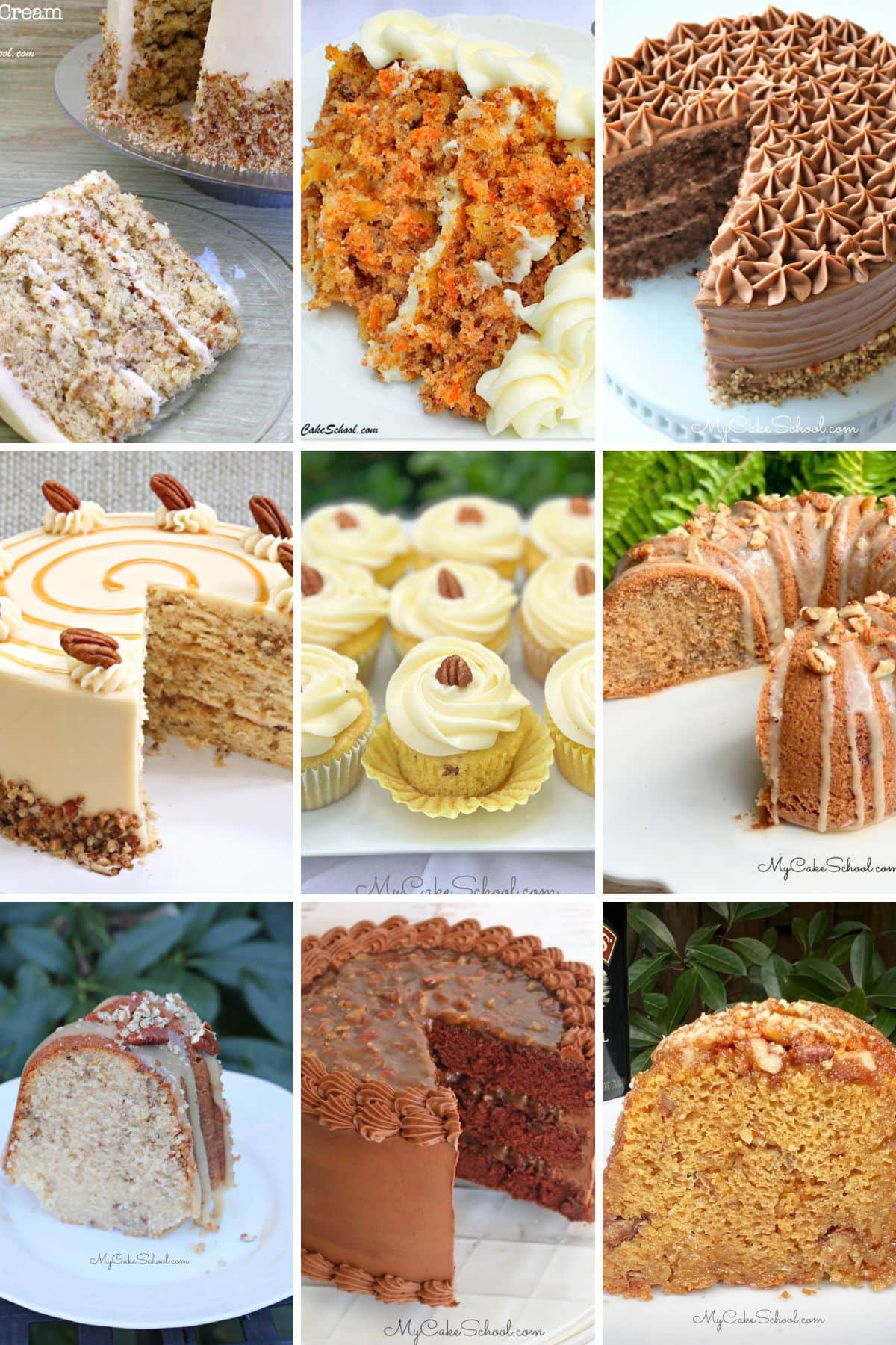 Photo grid of pecan cakes.