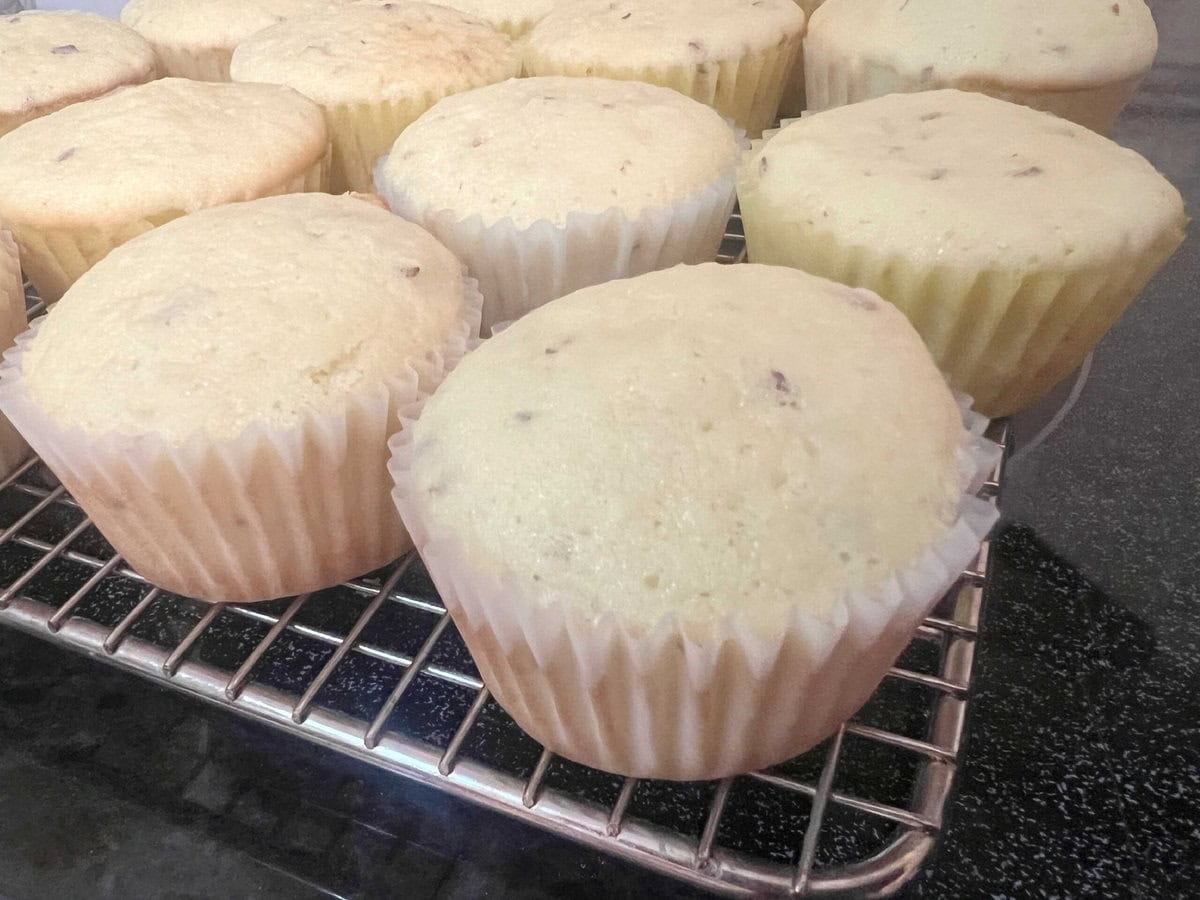 Almond cupcakes, cooling on a rack.