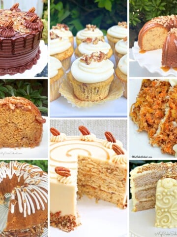 photo grid of cakes with pecans.