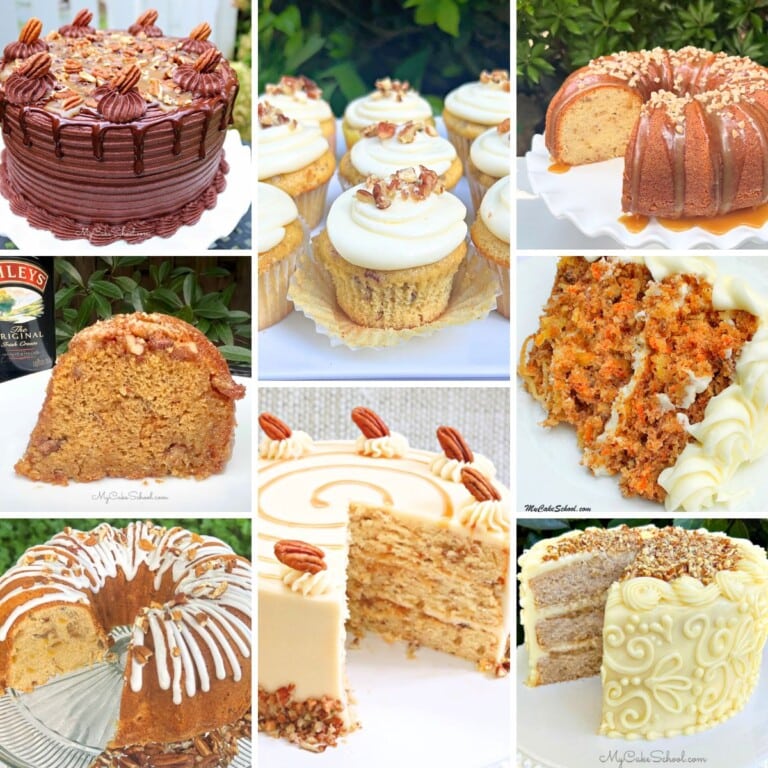 photo grid of cakes with pecans.