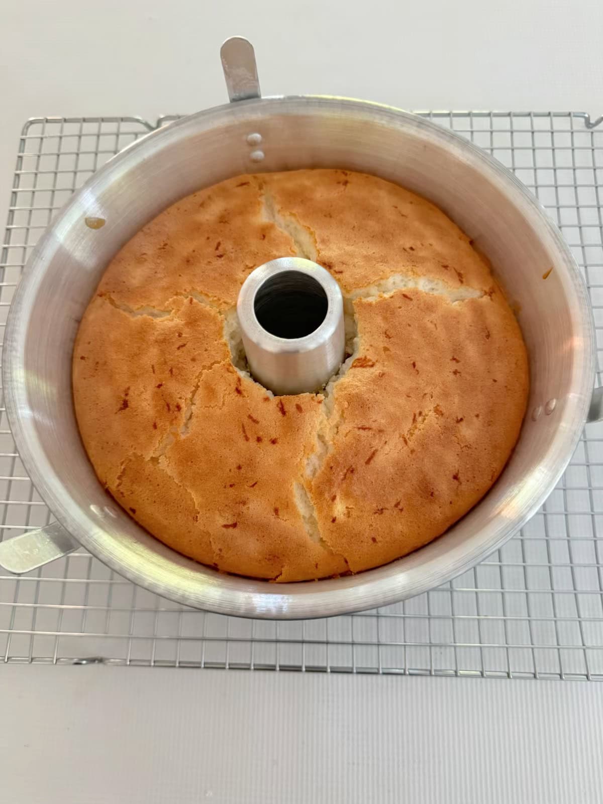 Lemon Angel Food Cake, freshly baked in pan.