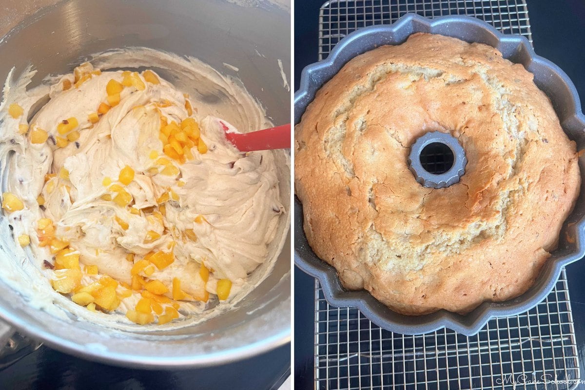 Peach Pecan Pound Cake, before and after baking.