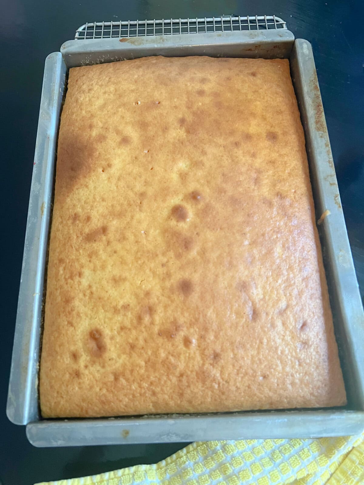 Baked cake in the cake pan, fresh from the oven.