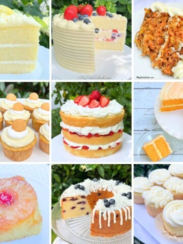 Photo grid of summer cake recipes.