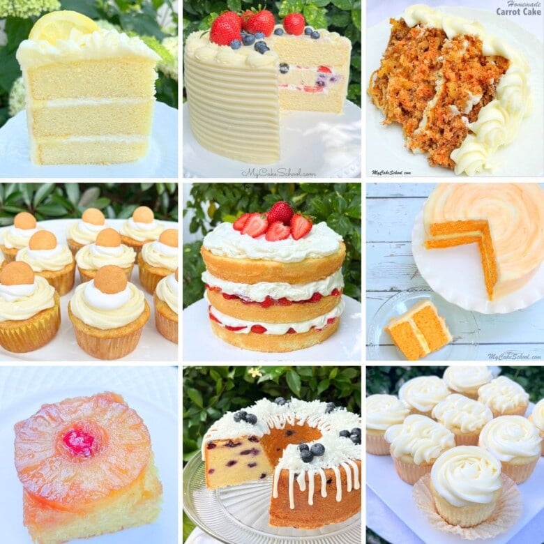 Photo grid of summer cake recipes.