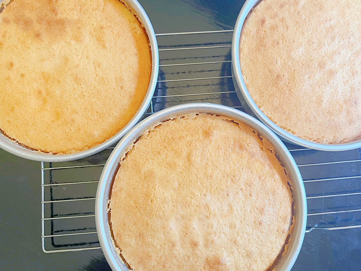 orange cake layers, cooling