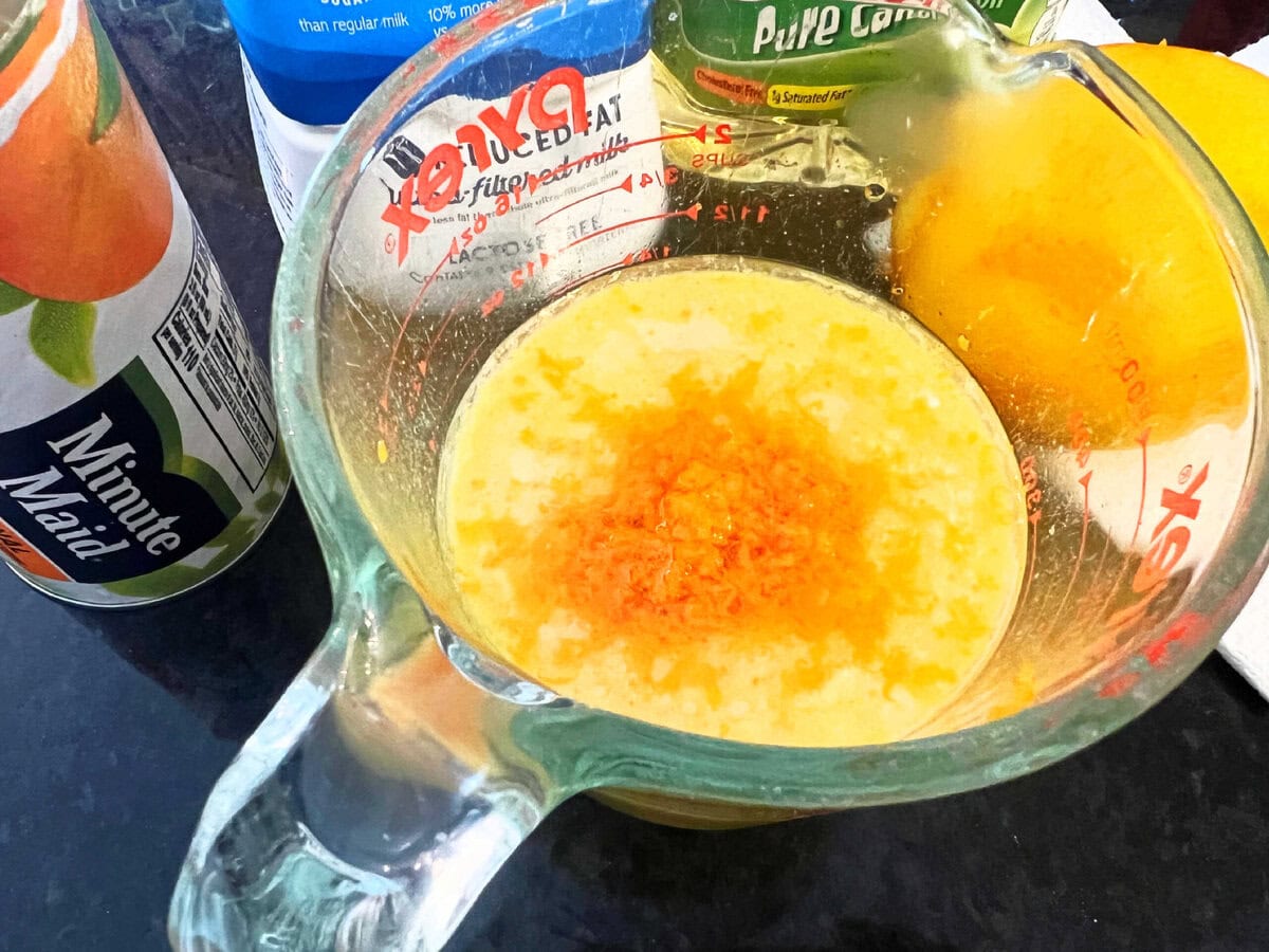 Wet Ingredients for Orange Velvet Cake.