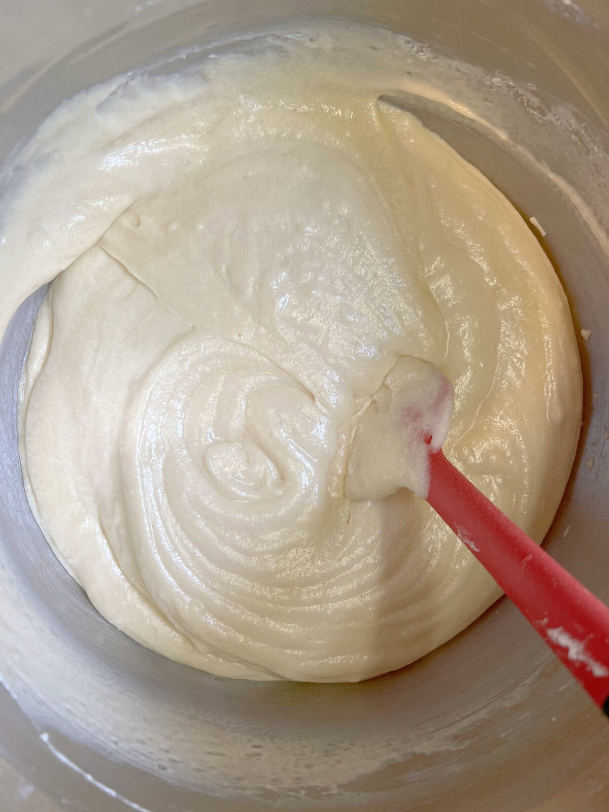 Maple Almond Cake Batter in mixing bowl.