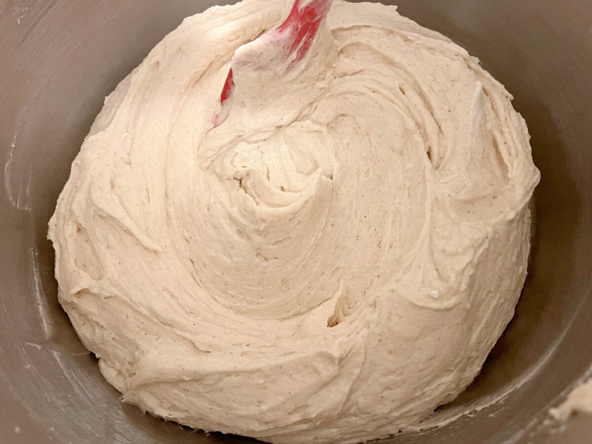 Apple pound cake batter in mixing bowl.