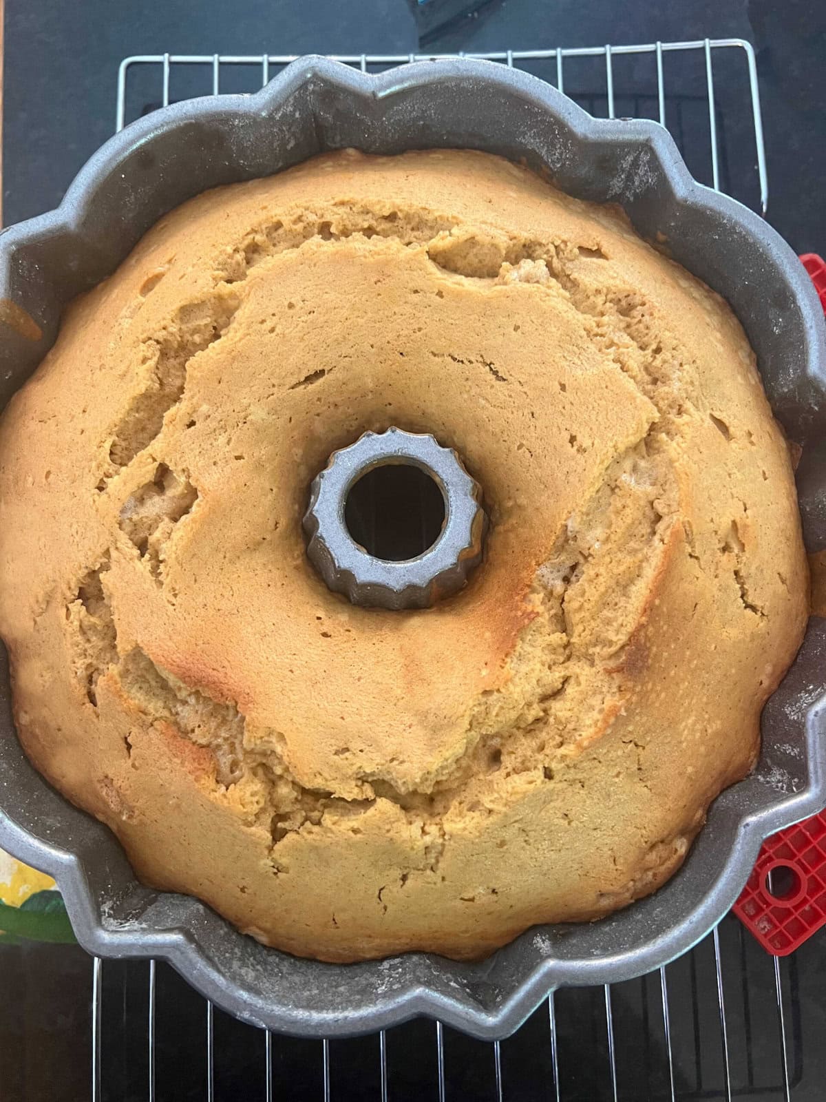 Sweet Potato Pound Cake cooling in pan on wire rack.