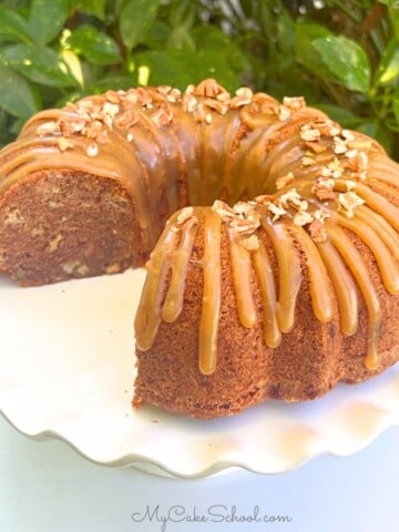 Apple Dapple Cake on a white pedestal.