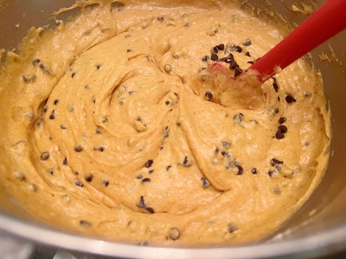 Mixing bowl of Pumpkin Chocolate Chip Cake Batter.