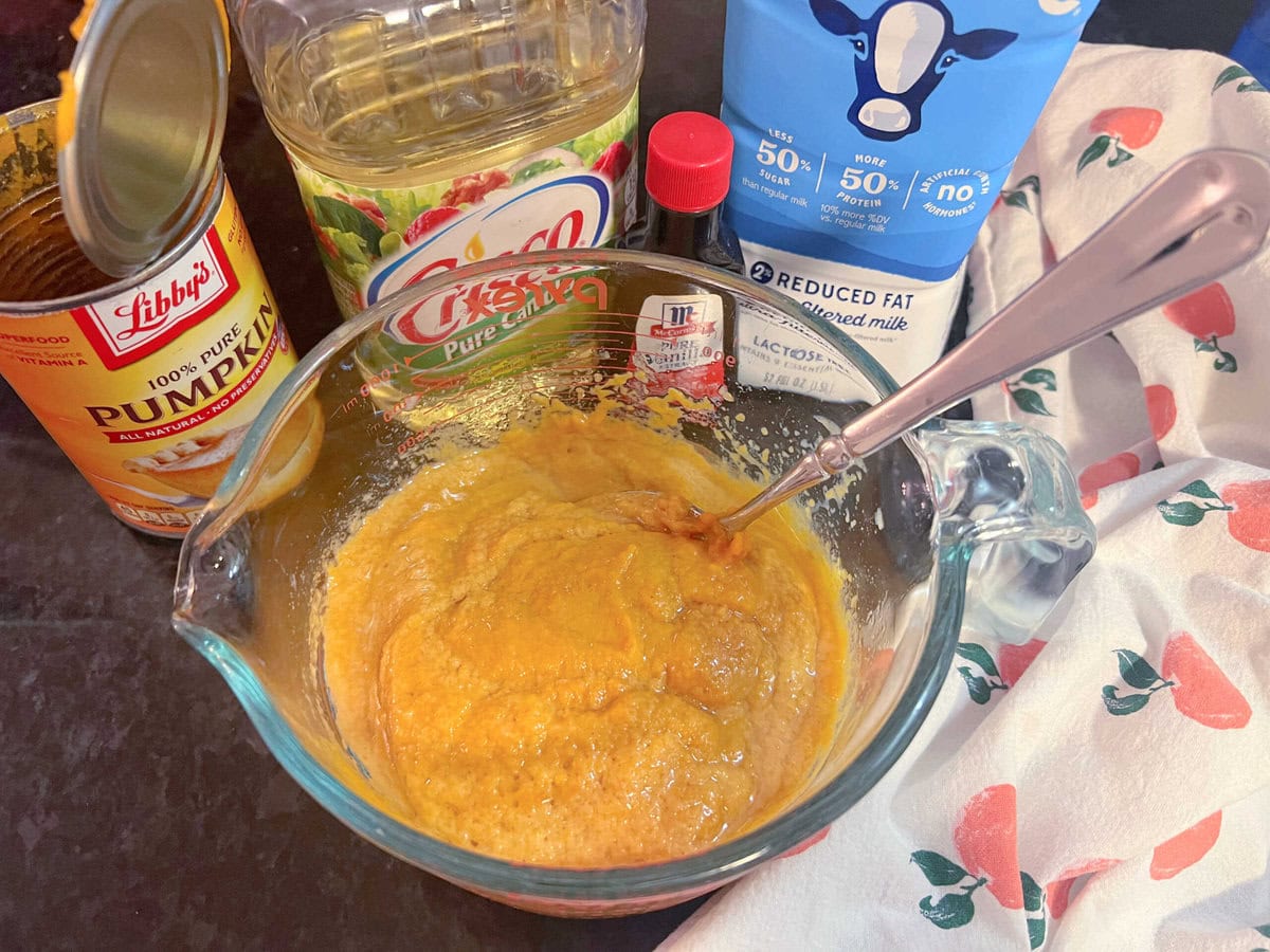 Wet ingredients for the Pumpkin Chocolate Chip Cake.