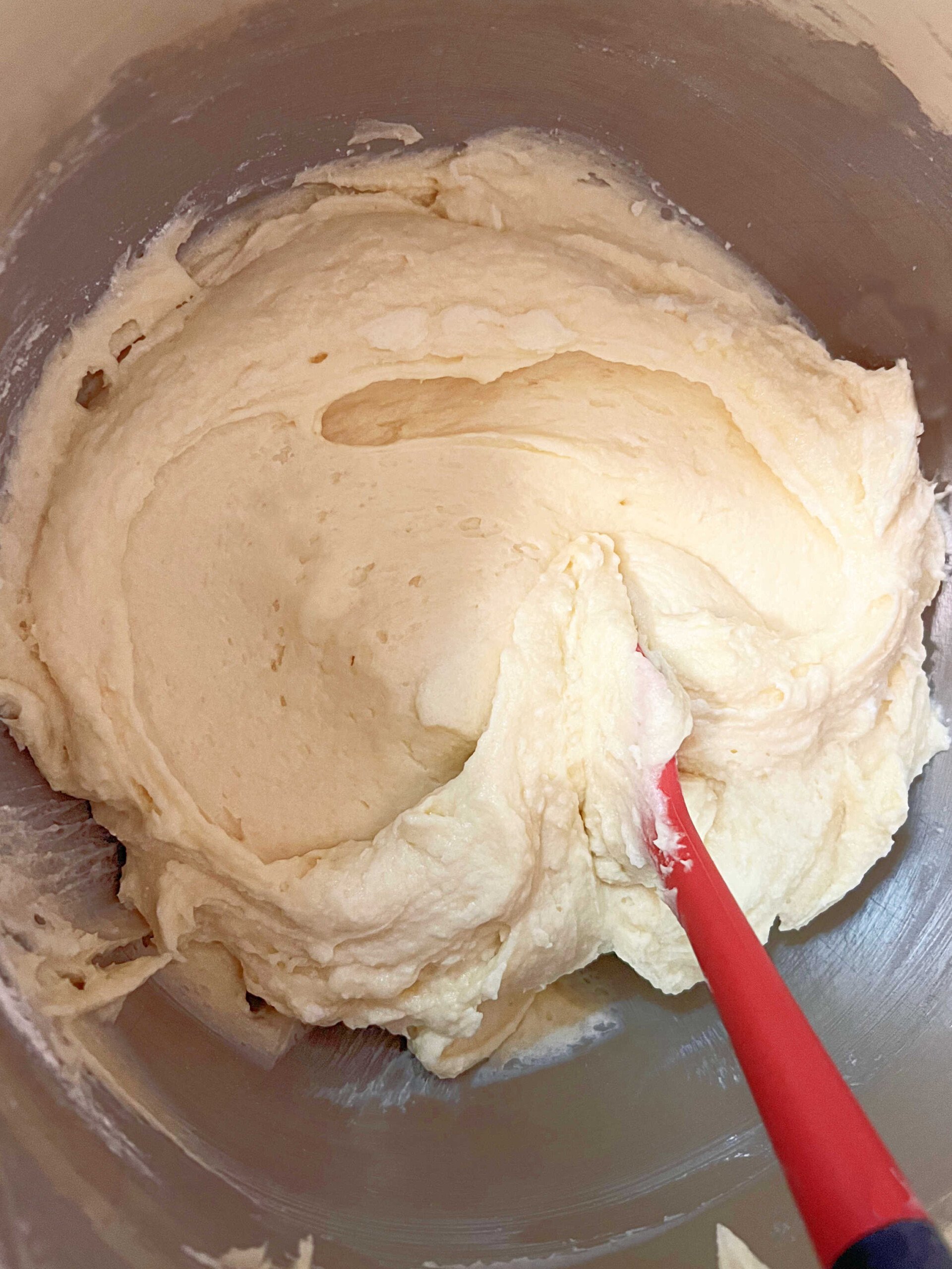 Mascarpone Pound Cake Batter in mixing bowl.