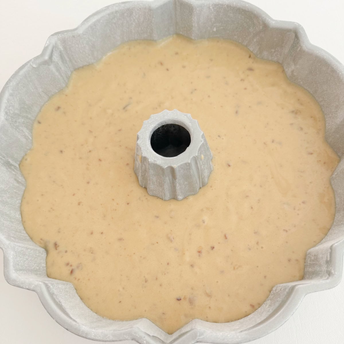 Praline pound cake batter in pan.