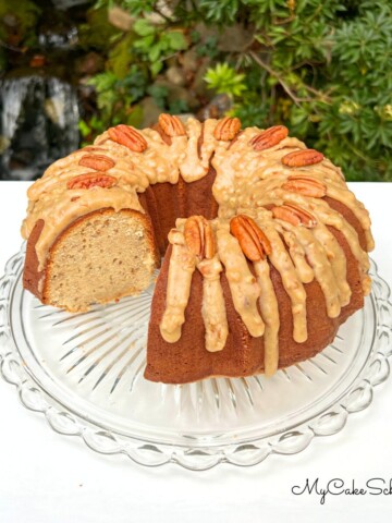 Praline Pound Cake, sliced, on a cake pedestal.