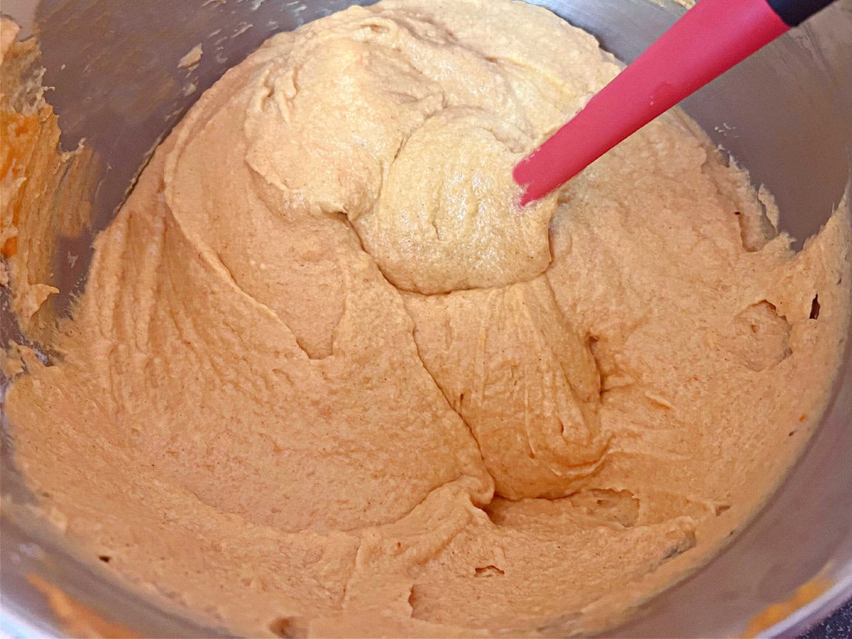 Pumpkin Snickerdoodle Bundt Cake Batter in mixing bowl.