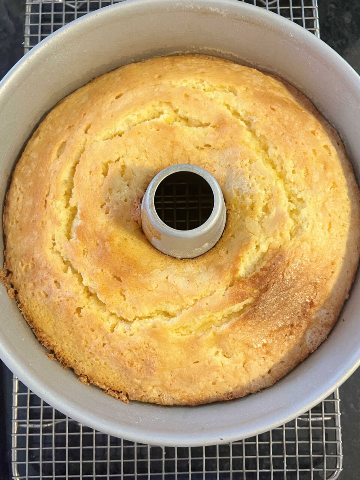 Freshly baked Orange Pound Cake in a pan.