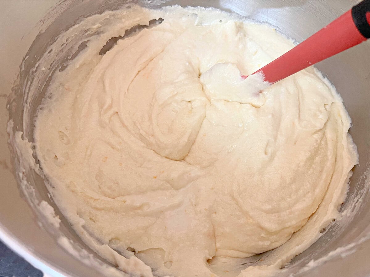 Orange Pound Cake Batter in a mixing bowl.