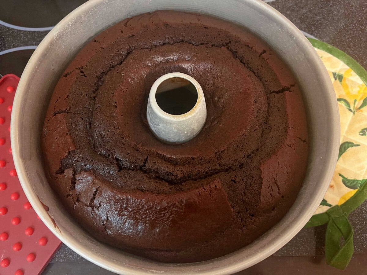 Freshly baked Chocolate Ricotta Cake, cooling in pan.