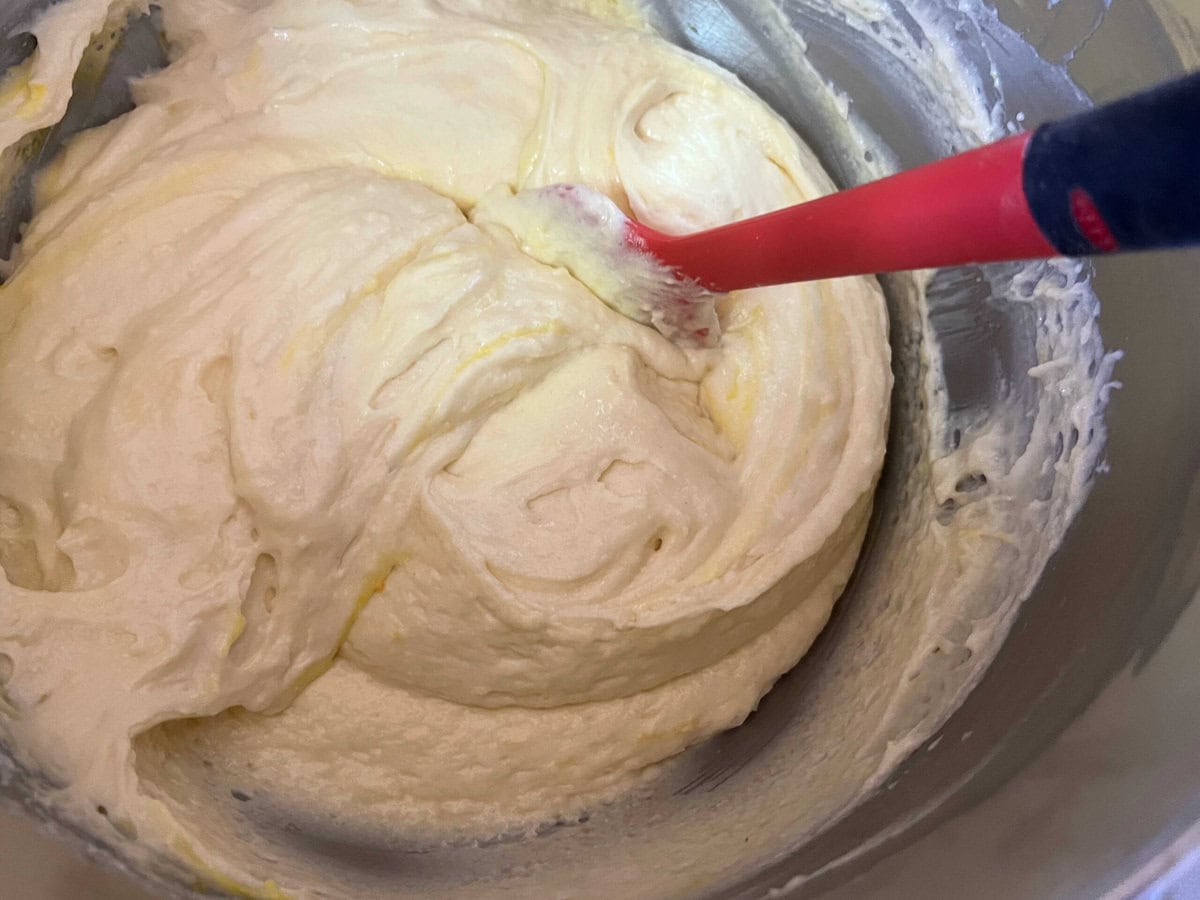 Lemon Sour Cream Cupcake Batter in the mixing bowl.