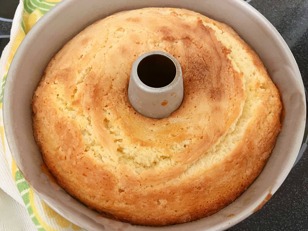 Million Dollar Pound Cake, freshly baked in pan.