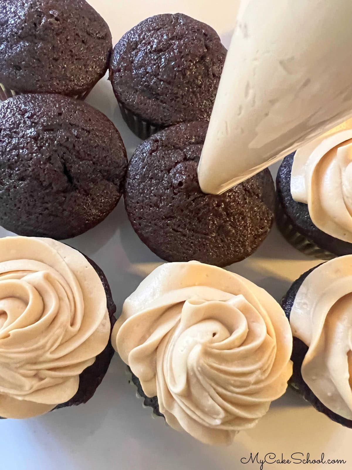 Filling the mocha cupcakes with frosting.