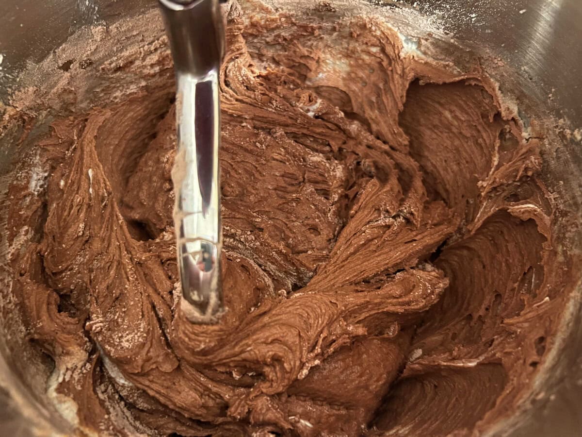 Mixing the batter for chocolate sour cream pound cake.