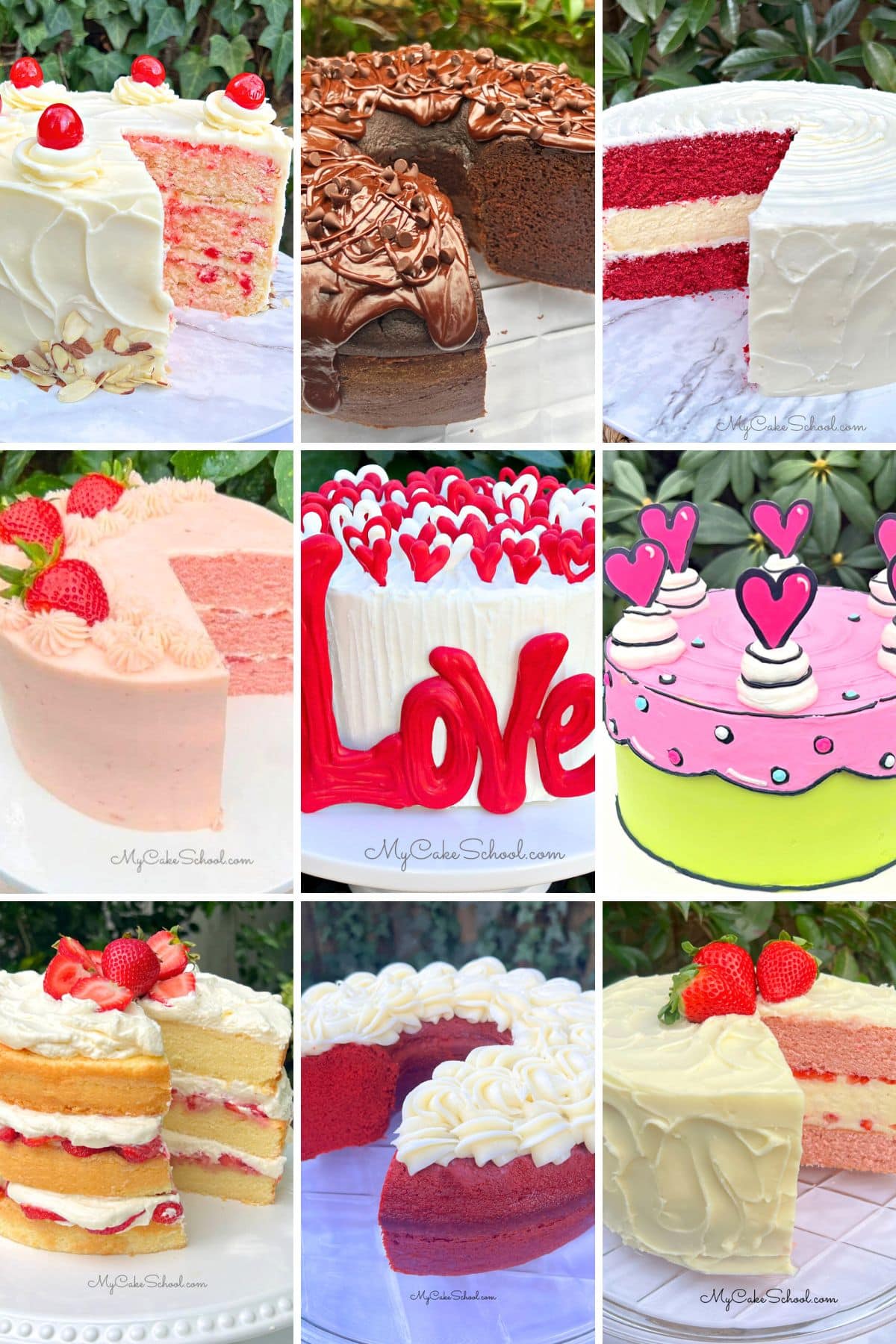 Photo grid of Favorite Valentine's Day Cakes.