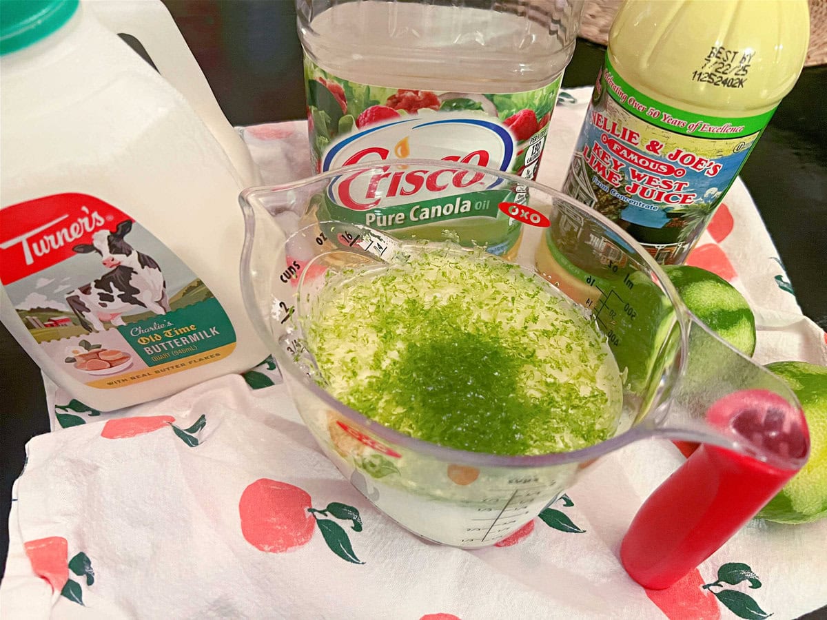 Wet ingredients for Key Lime Cake.