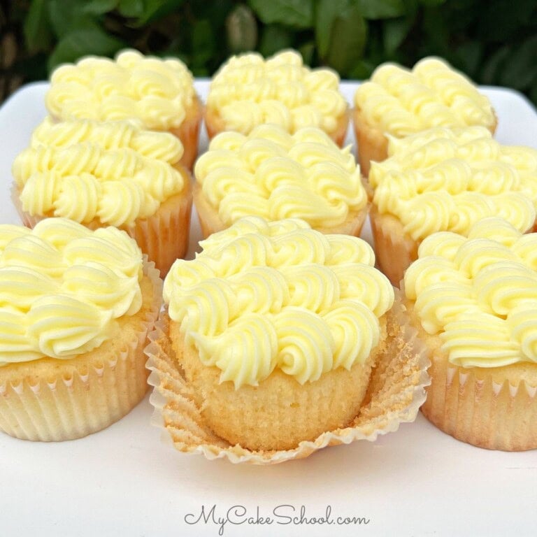 Lemonade Cupcakes on a cake platter.