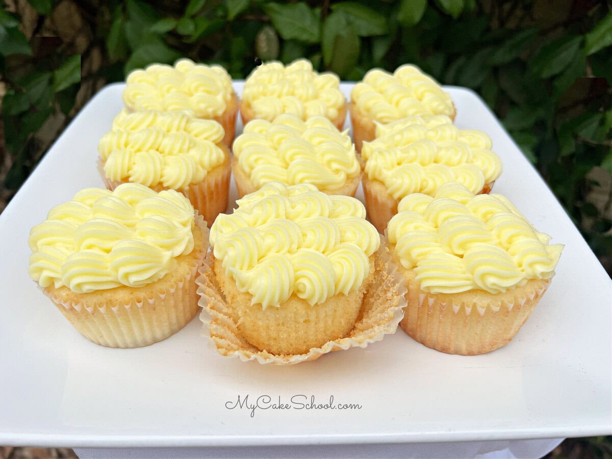 Lemonade Cupcakes on a platter.