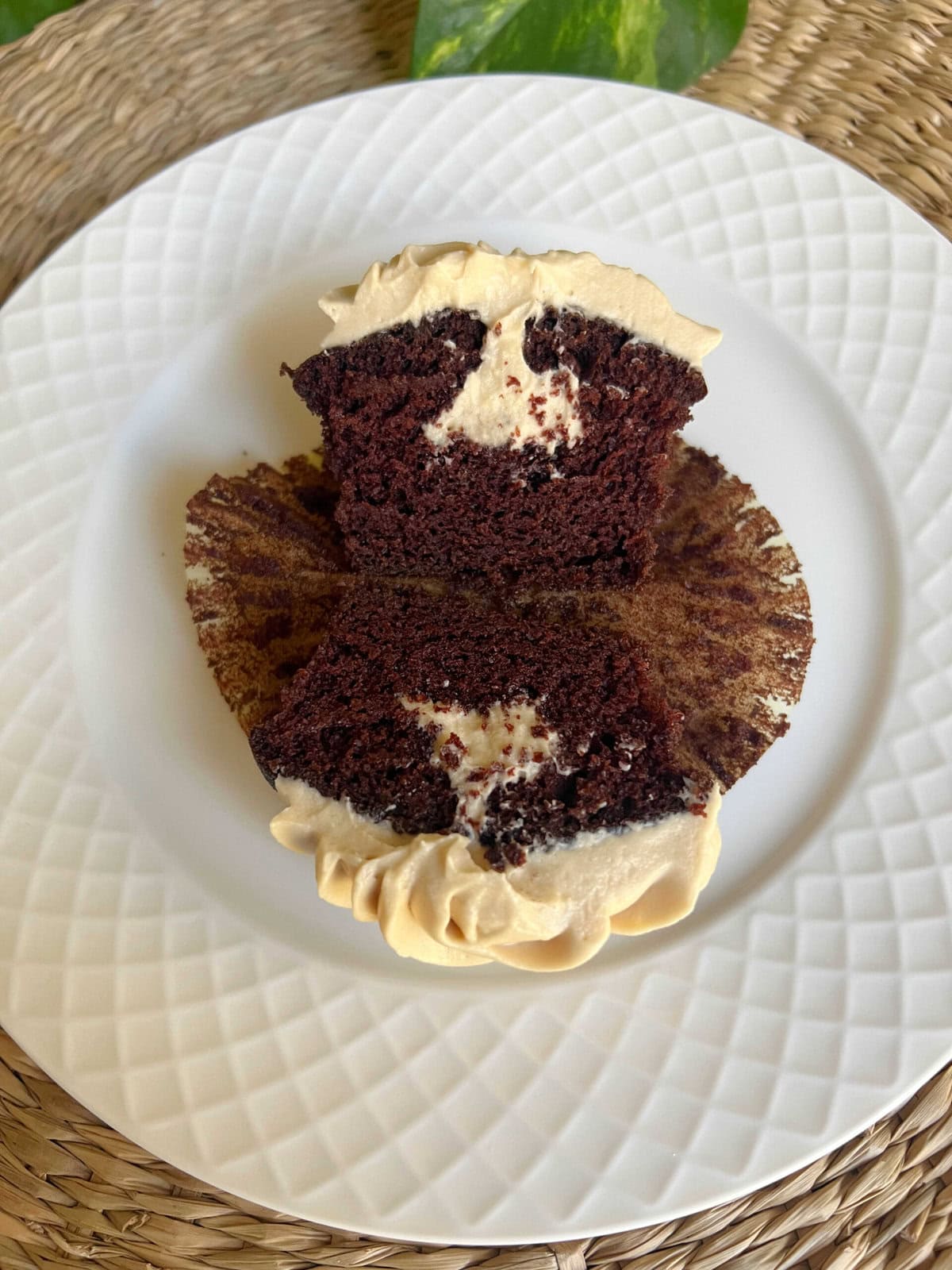 Mocha cupcake, split in half.