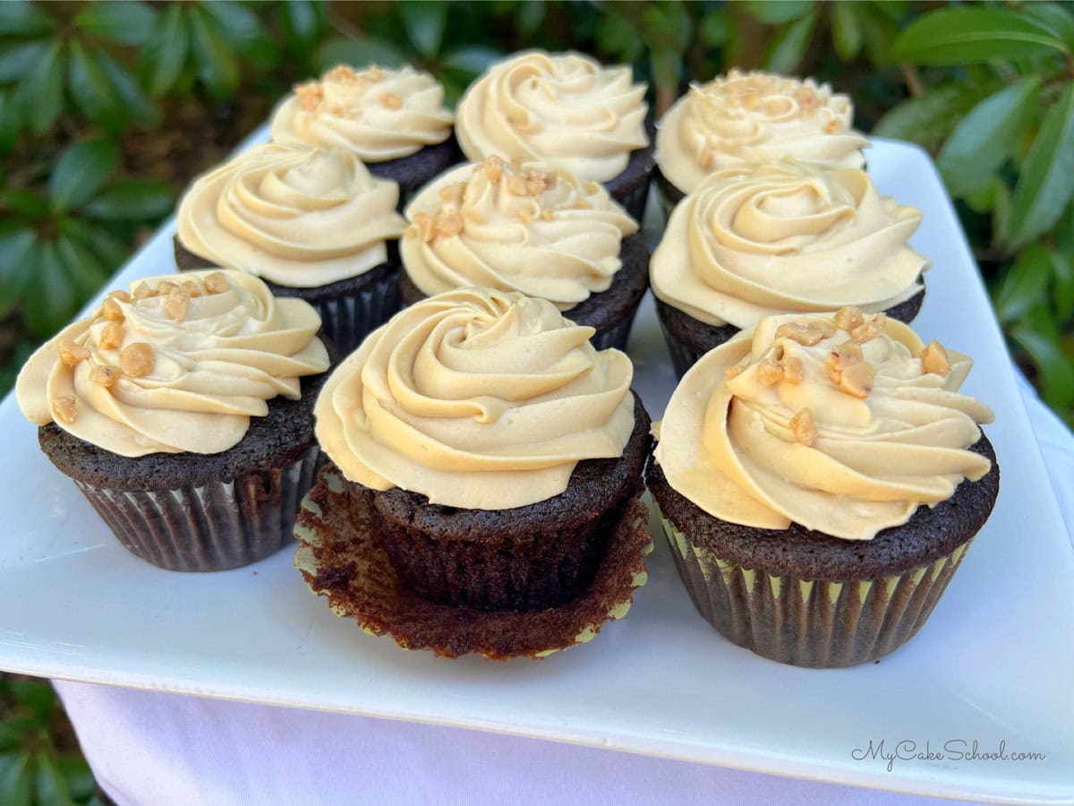 Mocha cupcakes on a platter.